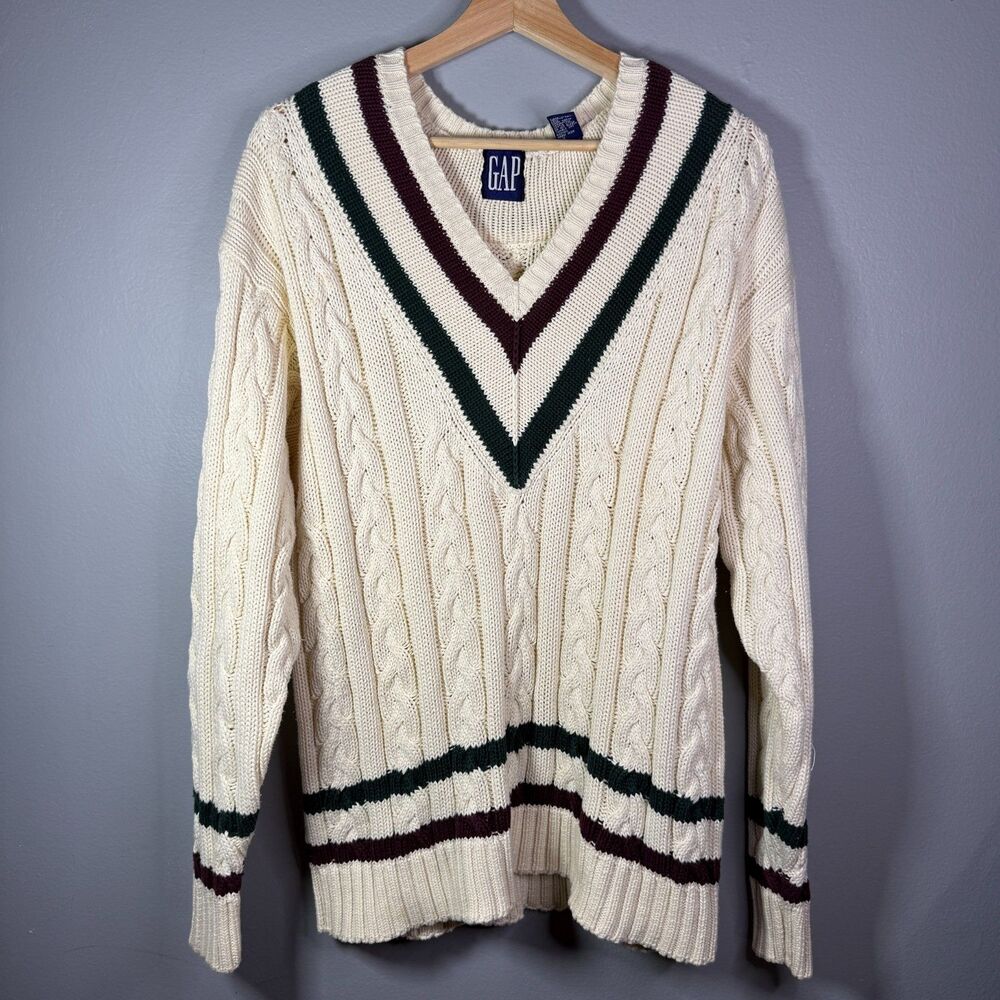 Vintage GAP Cable Knit V Neck Sweater Mens Large Cream Cricket Tennis Preppy 90s